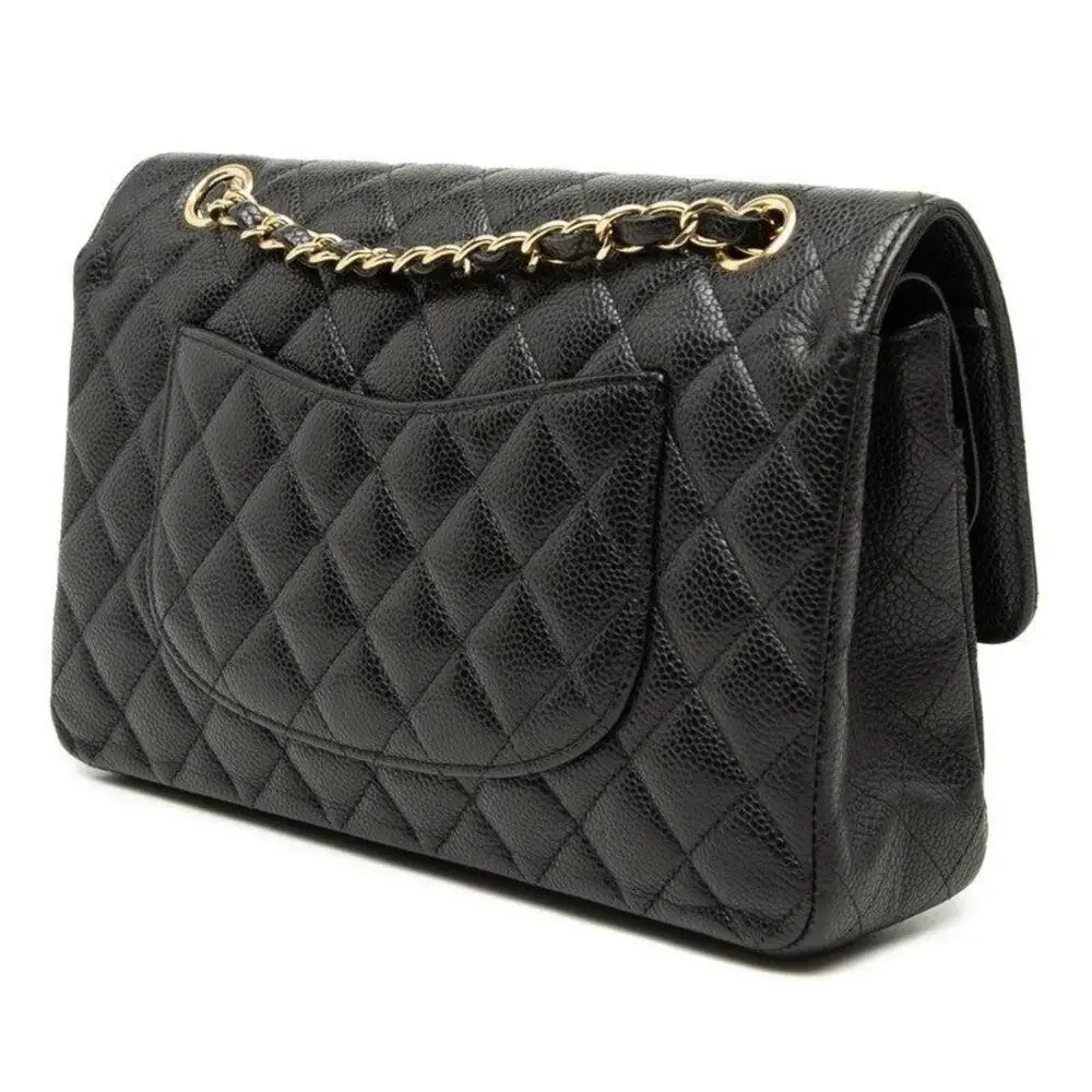 Chanel Coco Mark Matelasse 25 Caviar Skin Double Flap Chain Shoulder Bag Black